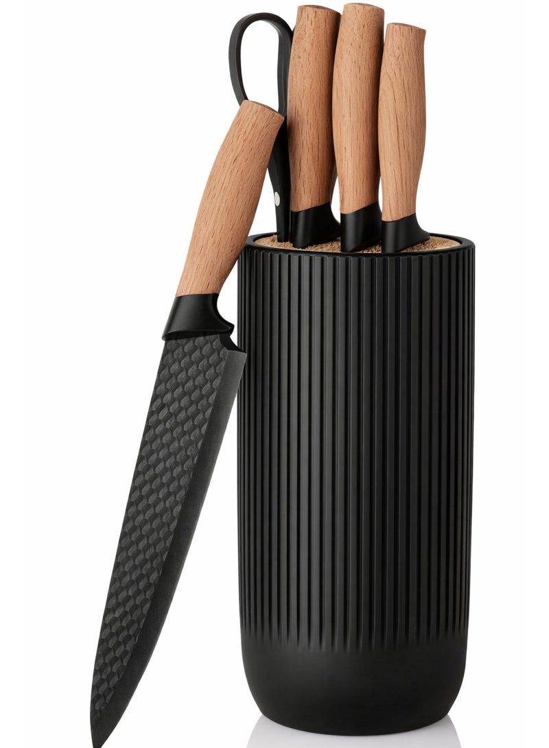 LIVVY 6-Piece Kitchen Knife Set with Holder - Professional Stainless Steel Chef Knives with Comfortable Wooden Handles and a Modern Storage Holder - For Home and Restaurant Usage. - Image 1